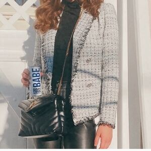 Chic Tweed Double-Breasted Jacket - Black and White